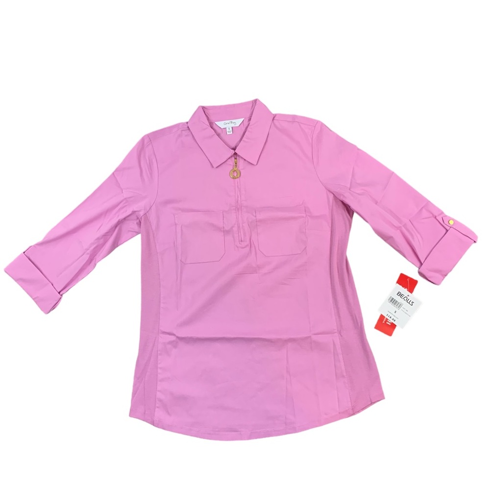 ❤️ NWT Coral Bay 3/4 Sleeve Top Zipper V-Neck Size S Stretchy Top Front Pockets